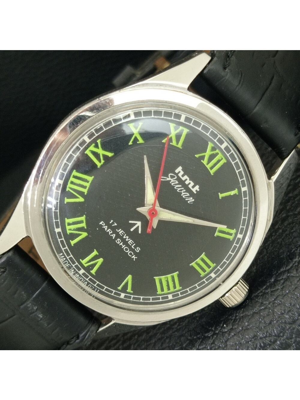Vintage 1988 HMT Manual Wound Mens Silver Watch & Green accents